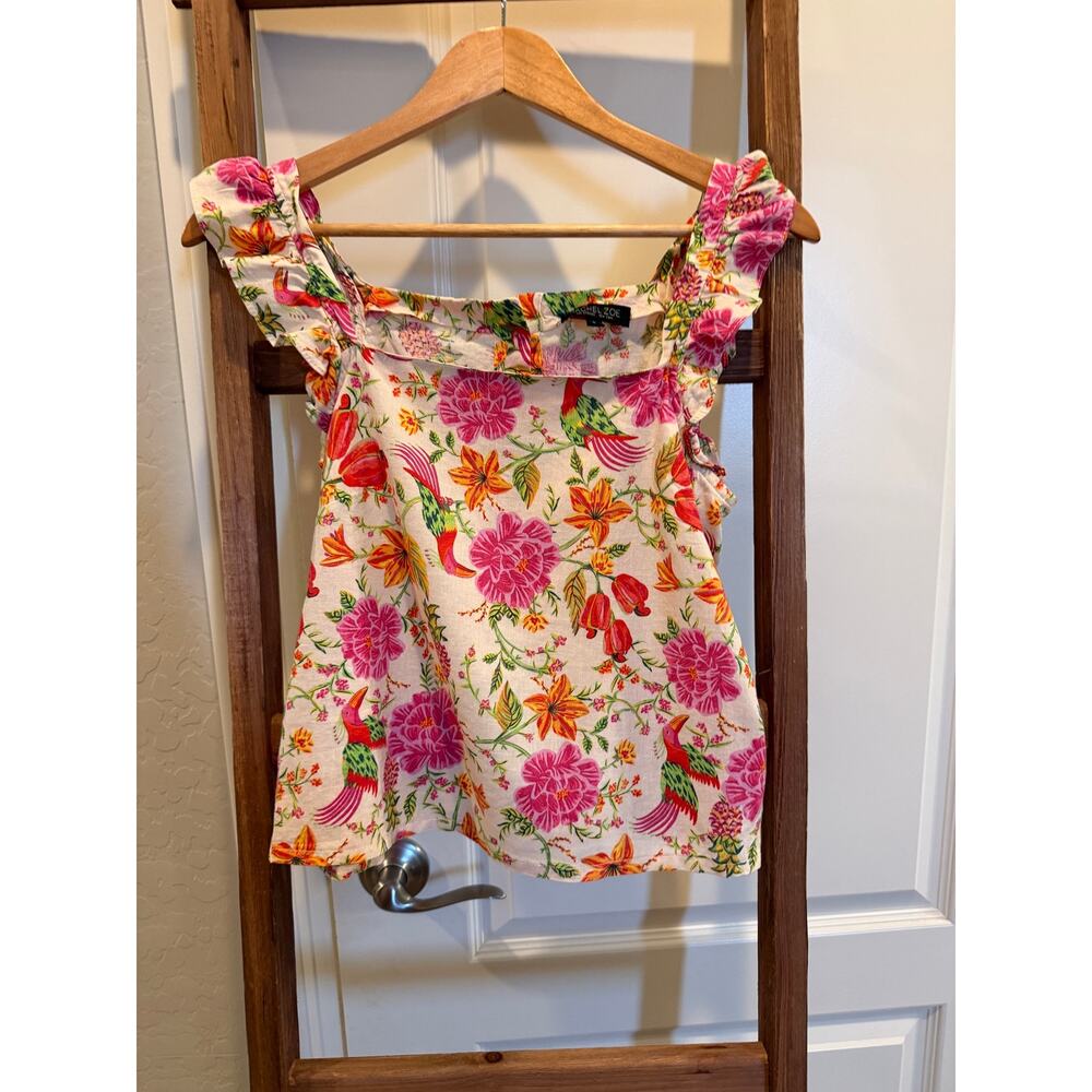 Rachel Zoe Floral Bird Print Blouse Linen Blend Size Small